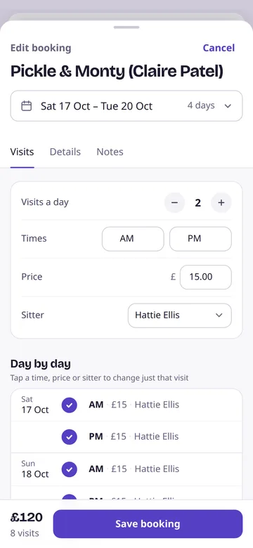Adding a booking: choosing dates, visits a day, times and price