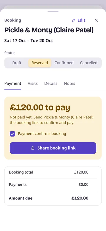 A booking ready to send, with the amount to pay and a Share booking link button