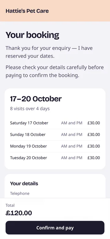 What your customer sees: their dates, visits and total, with a Confirm and pay button