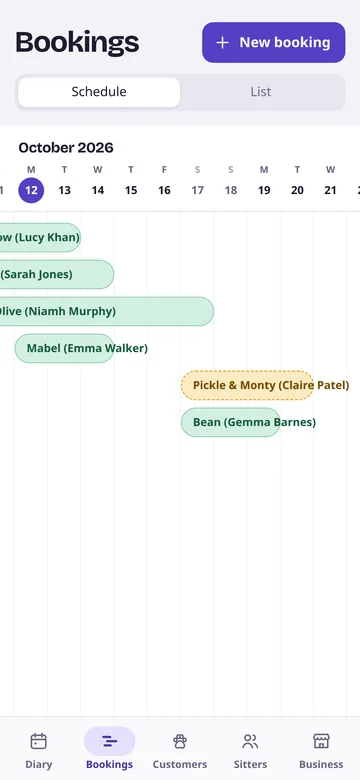 The bookings schedule: each booking is a bar across its dates, dotted if it isn't confirmed yet