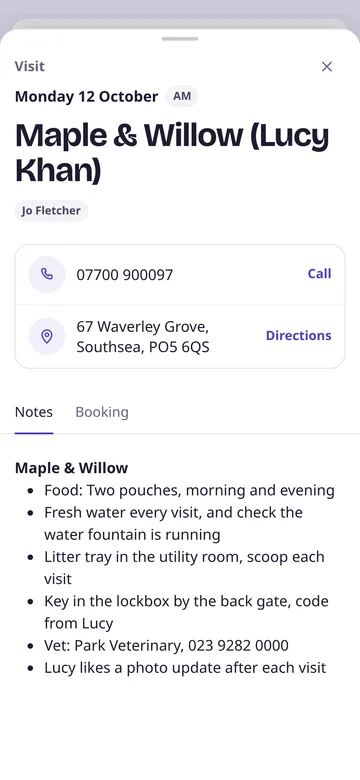 A visit, with Call and Directions buttons and the booking notes